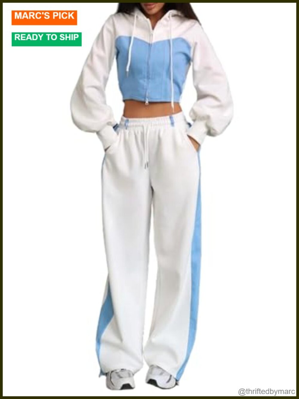 Women's 2-Piece Tracksuit Set Denim Patchwork Hoodie & Jogger Pants